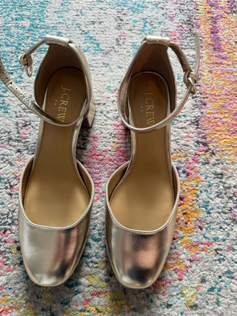 J. Crew Metallic Rose Gold Ankle-Strap Block Heels